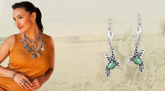 Graphic depicting model wearing American West Jewelry from the Spirit Stone Collection next to a detail image of the Sterling Silver Green Turquoise Hummingbird Dangle Earrings