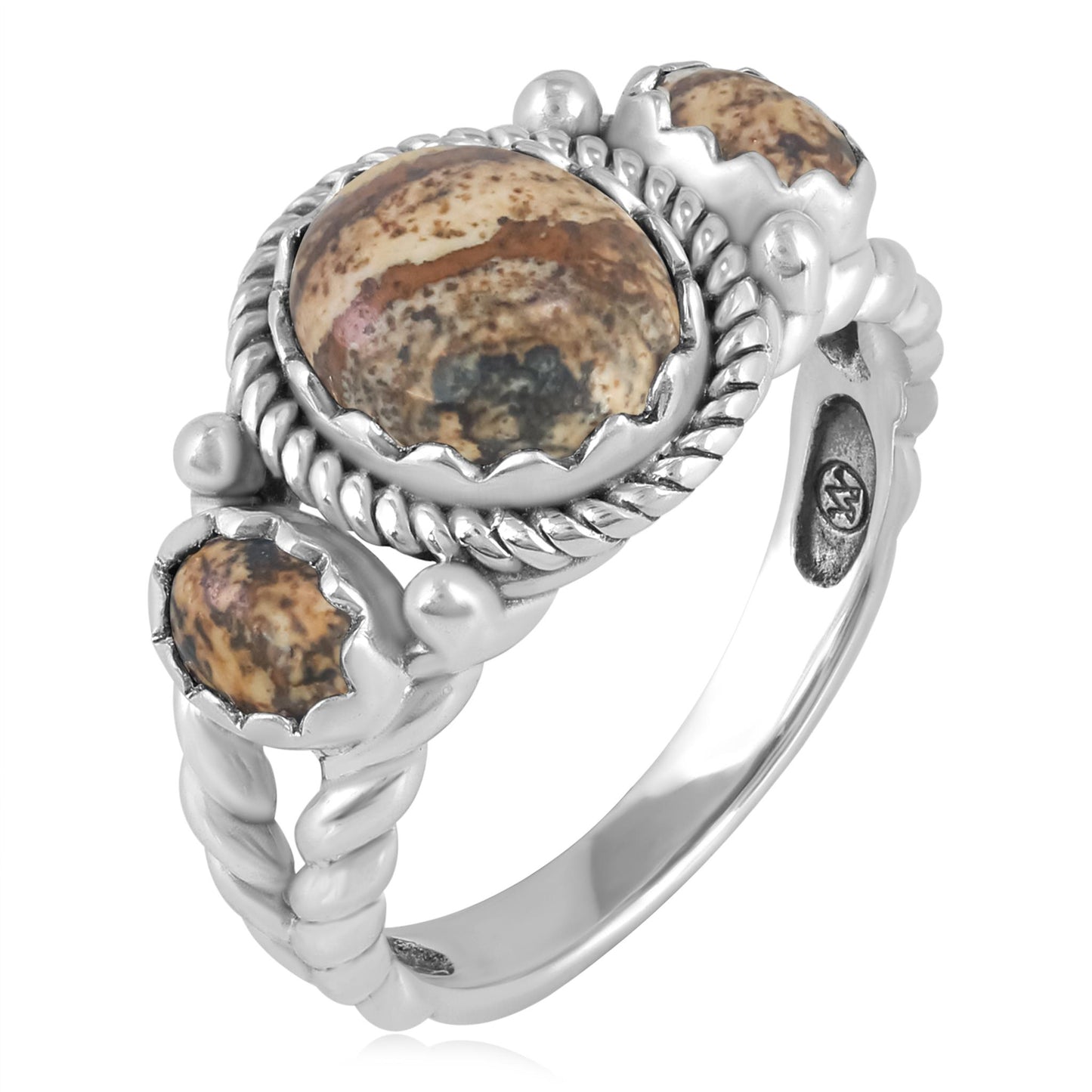 Sterling Silver Picture Jasper 3-Stone Ring, Sizes 5 to 11