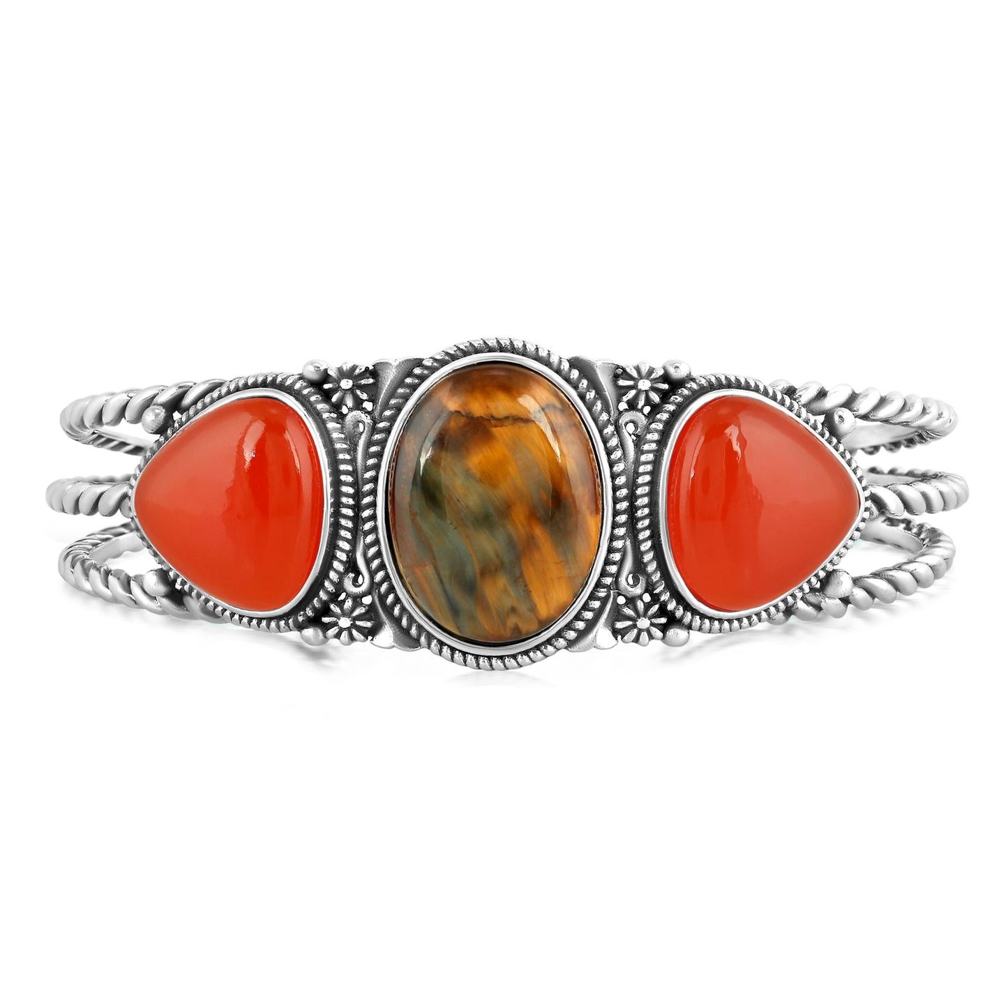 Sterling Silver Trillion Shaped Pietersite and Red Onyx Cuff Bracelet