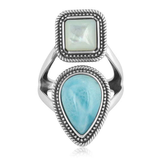 Sterling Silver Larimar and White Mother of Pearl Pear and Square Gemstone Rope Ring