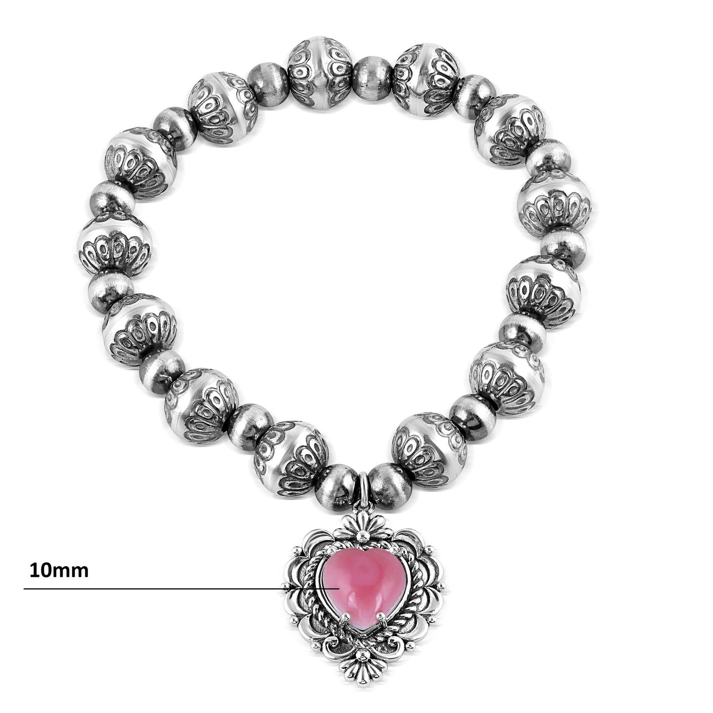 Sterling Silver Pink Concha Shell Heart Charm Bead Bracelet