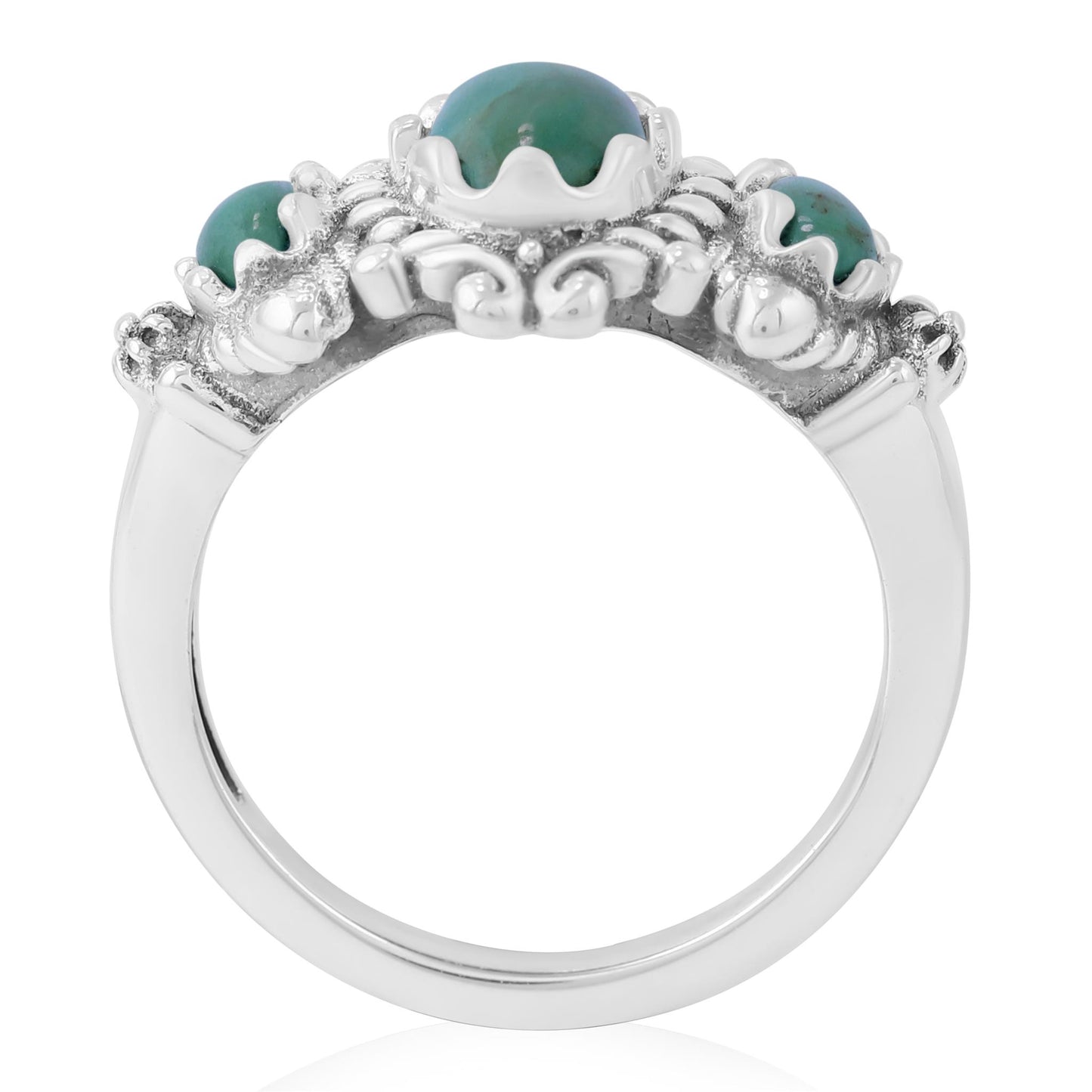 Sterling Silver Green Turquoise 3-Stone Oval Scalloped Bezel Ring