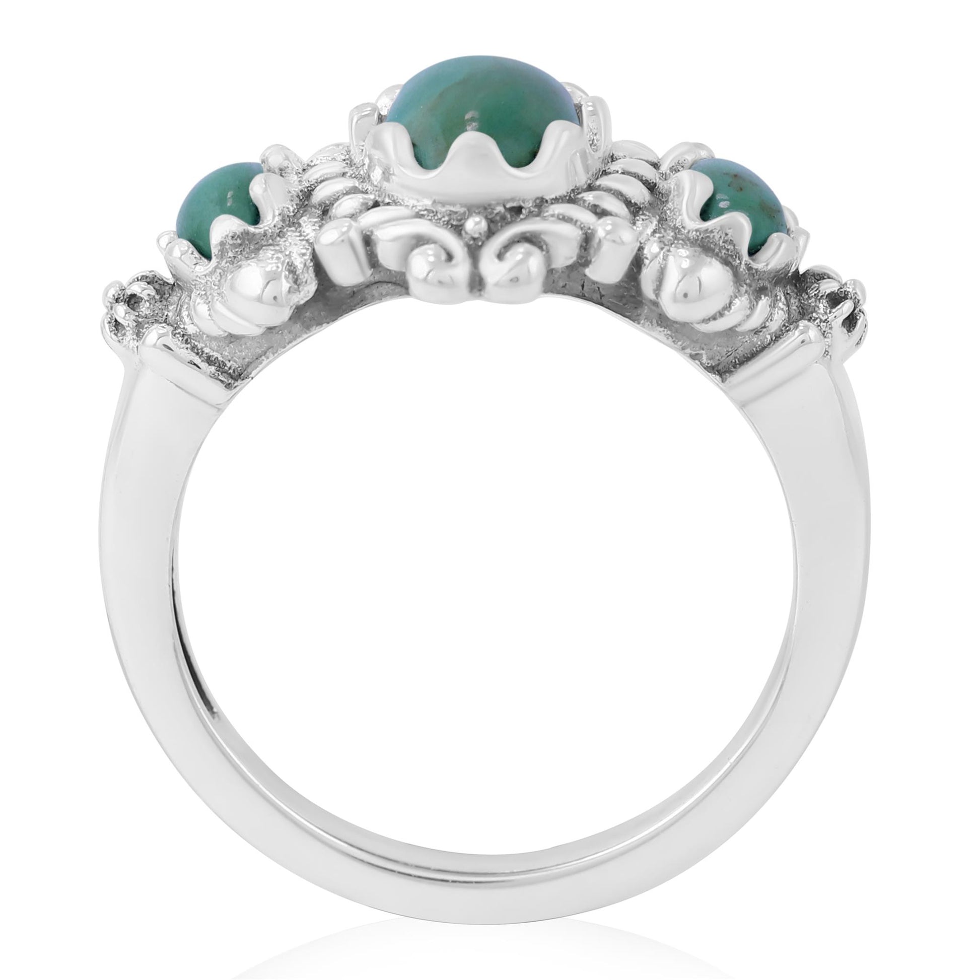 Sterling Silver Green Turquoise 3-Stone Oval Scalloped Bezel Ring