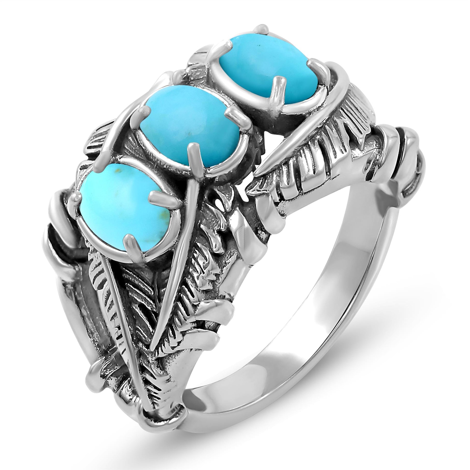 Sterling Silver Kingman Turquoise Three Stone Feather Ring