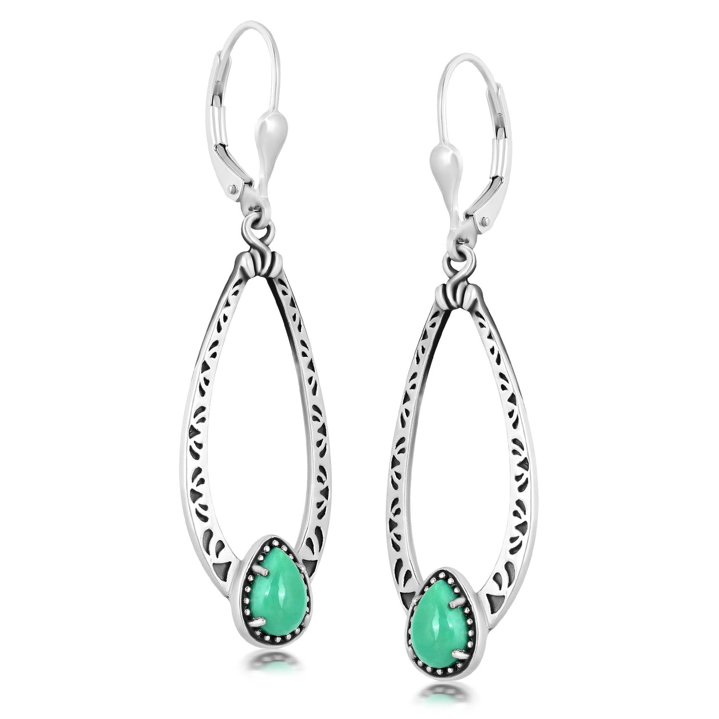 Sterling Silver Green Turquoise Pear-Cut Long Oval Lever Back Dangle Earrings