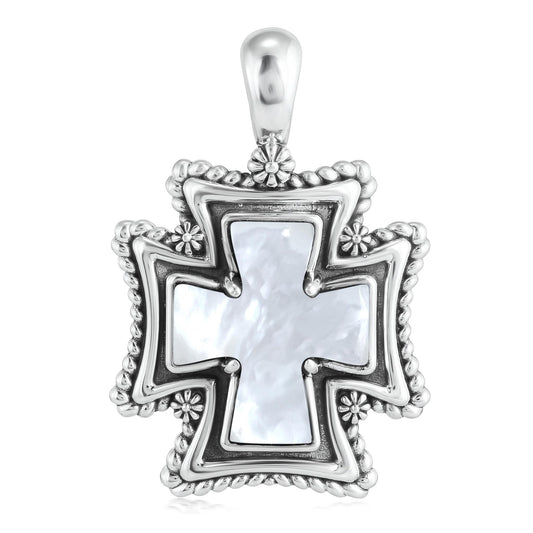 Sterling Silver White Mother of Pearl Rope Detail Cross Pendant Enhancer