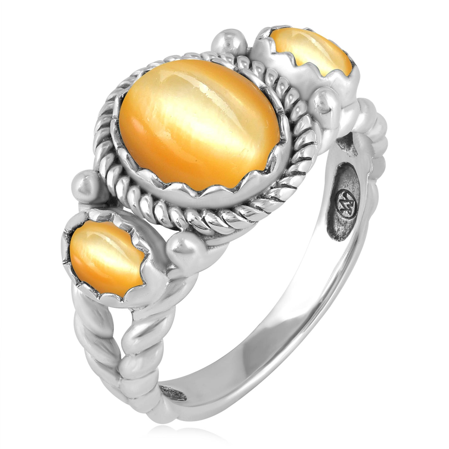 Sterling Silver Yellow Mother of Pearl 3-Stone Ring