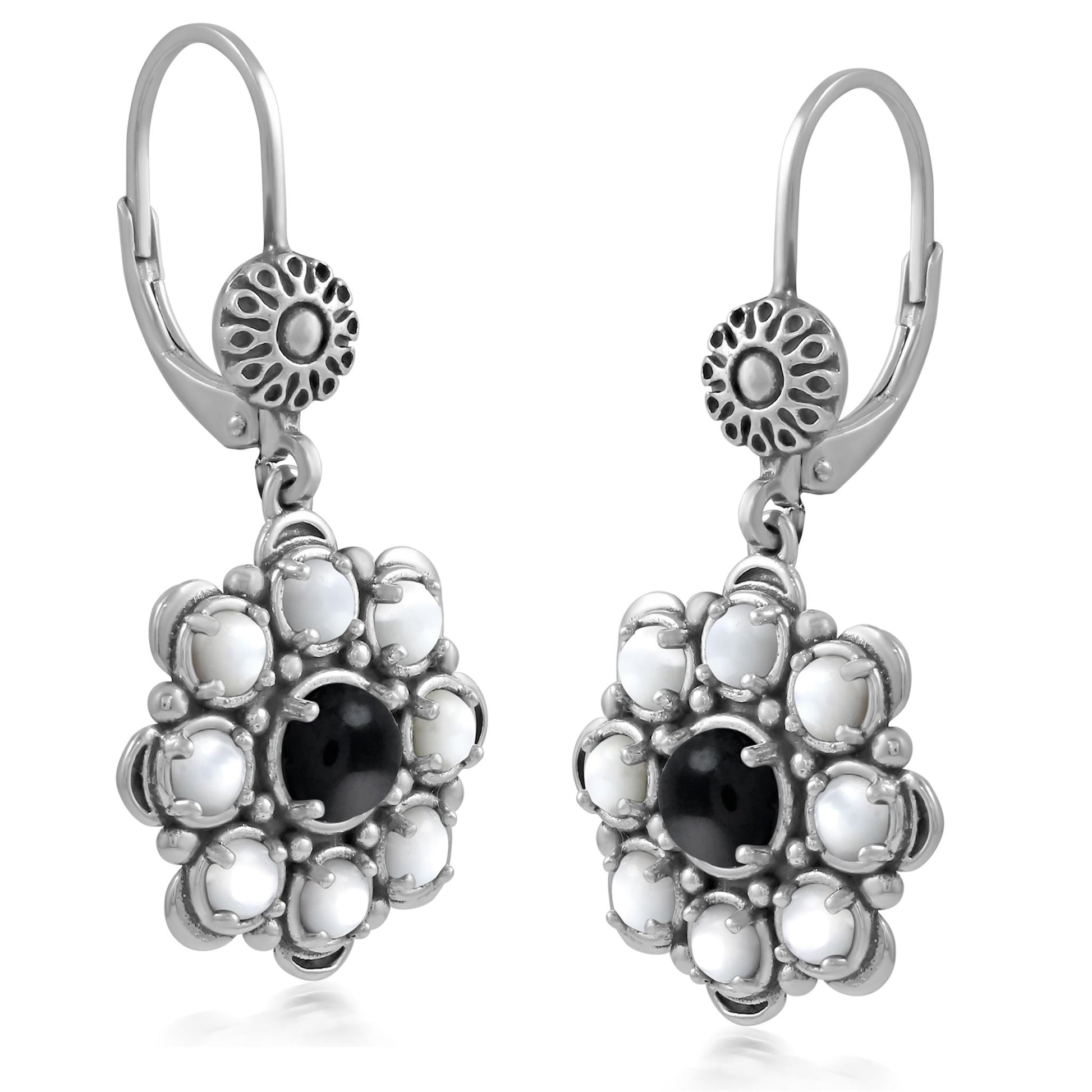 Sterling Silver Black Onyx and White Mother of Pearl Flower Cluster Earrings