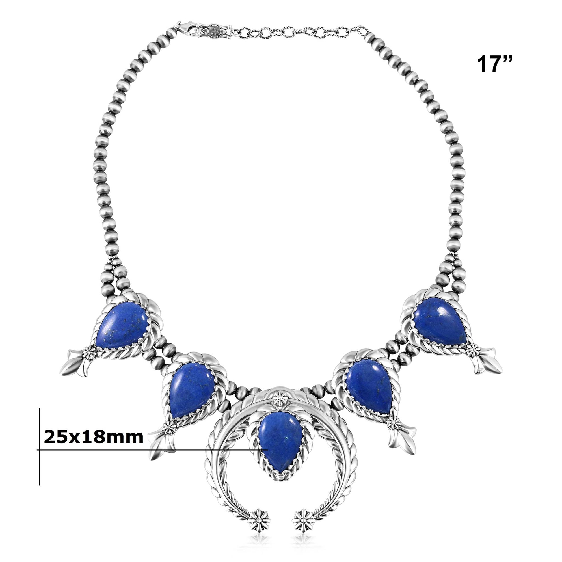 Sterling Silver Denim Lapis Pear-Cut Squash Blossom Necklace