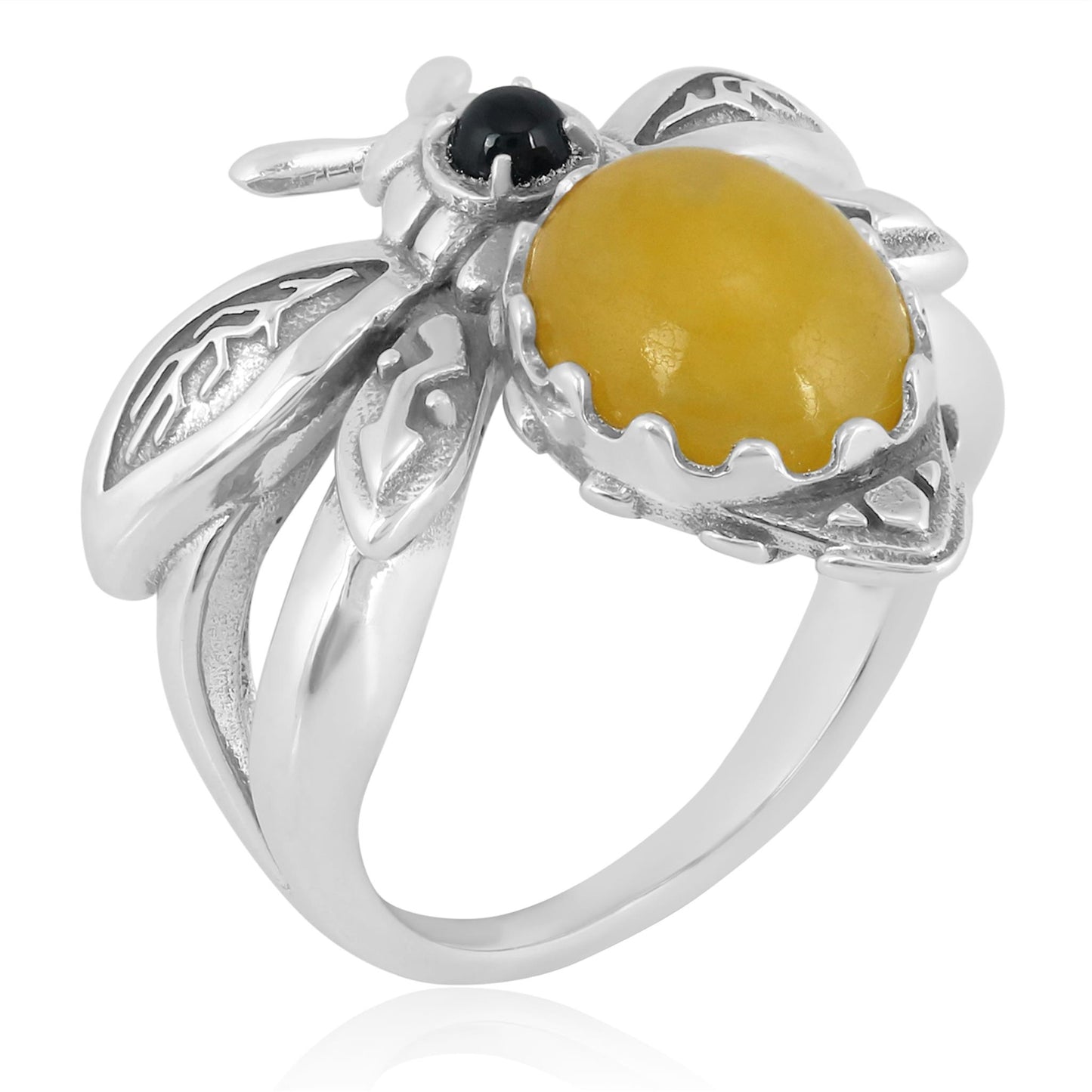 Sterling Silver Yellow Quartz Black Onyx Bumblebee Ring