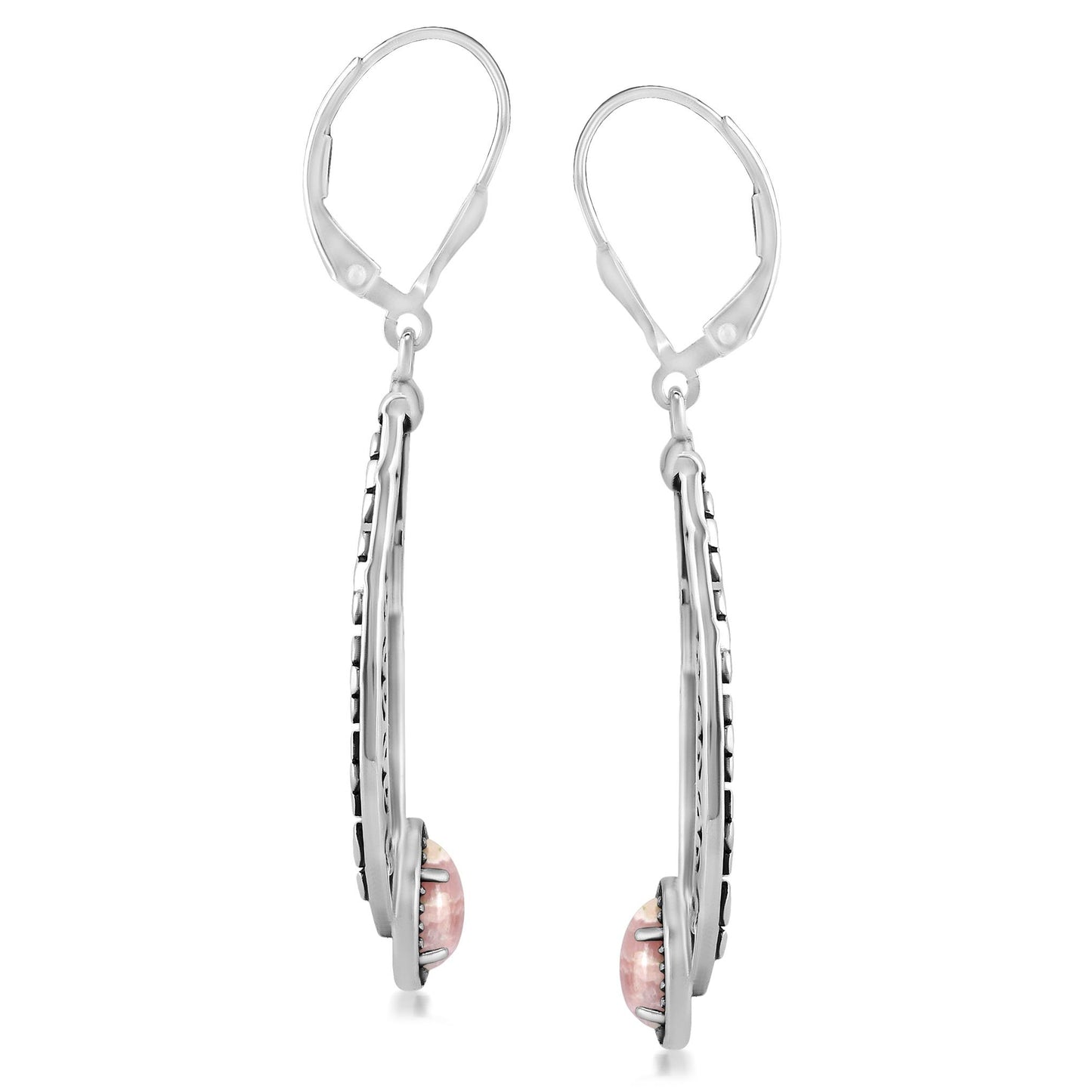 Sterling Silver Rhodochrosite Pear-Cut Long Oval Lever Back Dangle Earrings