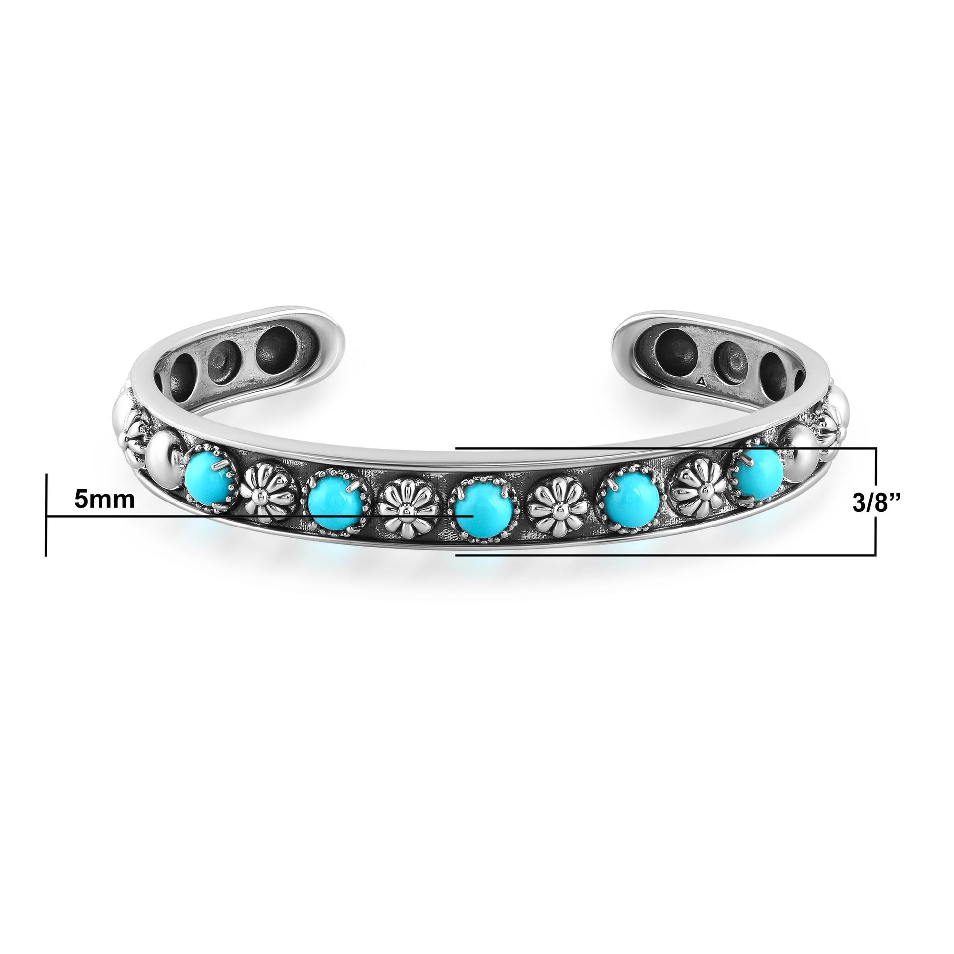 Sterling Silver Sleeping Beauty Turquoise Concha Flower Narrow Cuff Bracelet