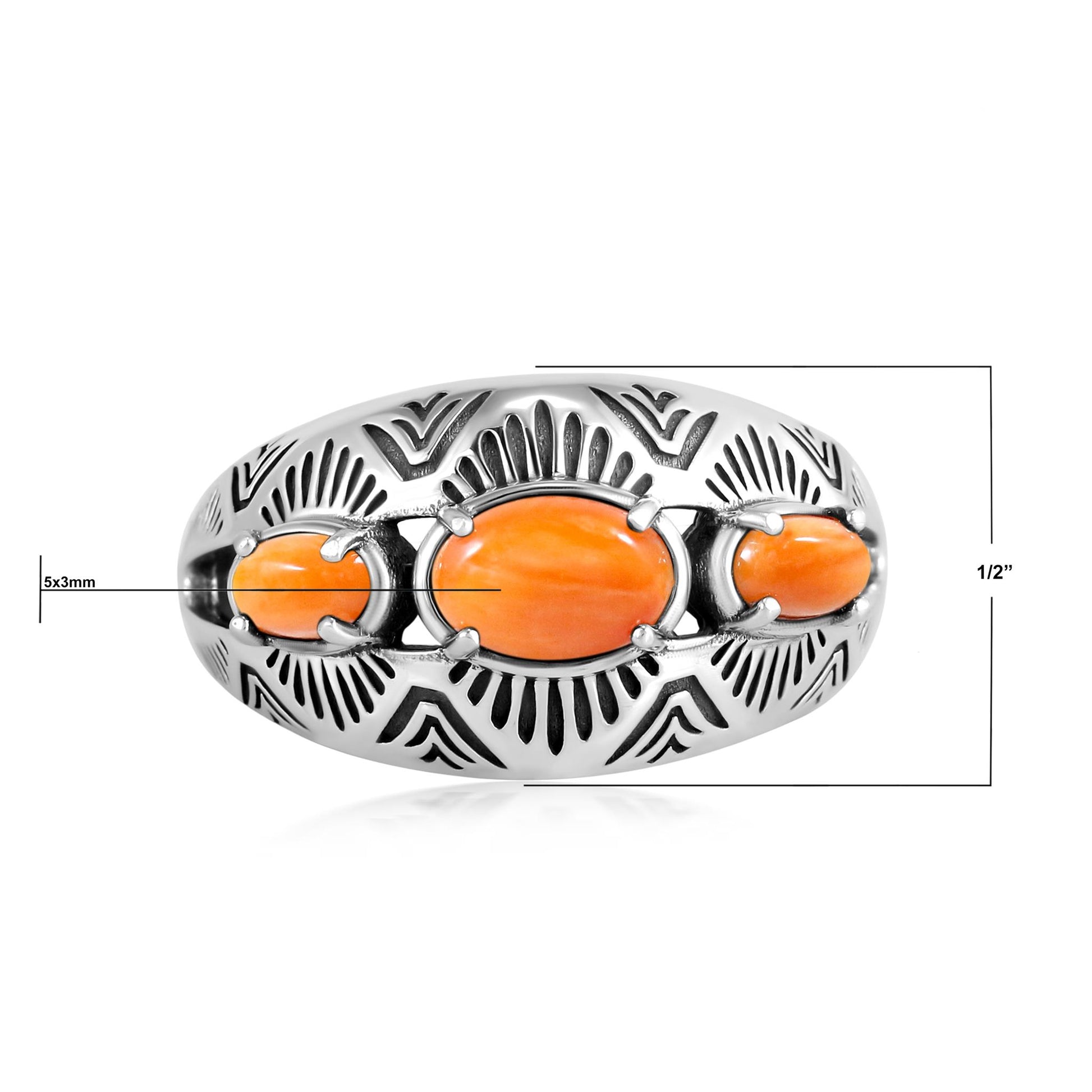 Sterling Silver Orange Spiny Oyster 3-Stone Oval Band Ring