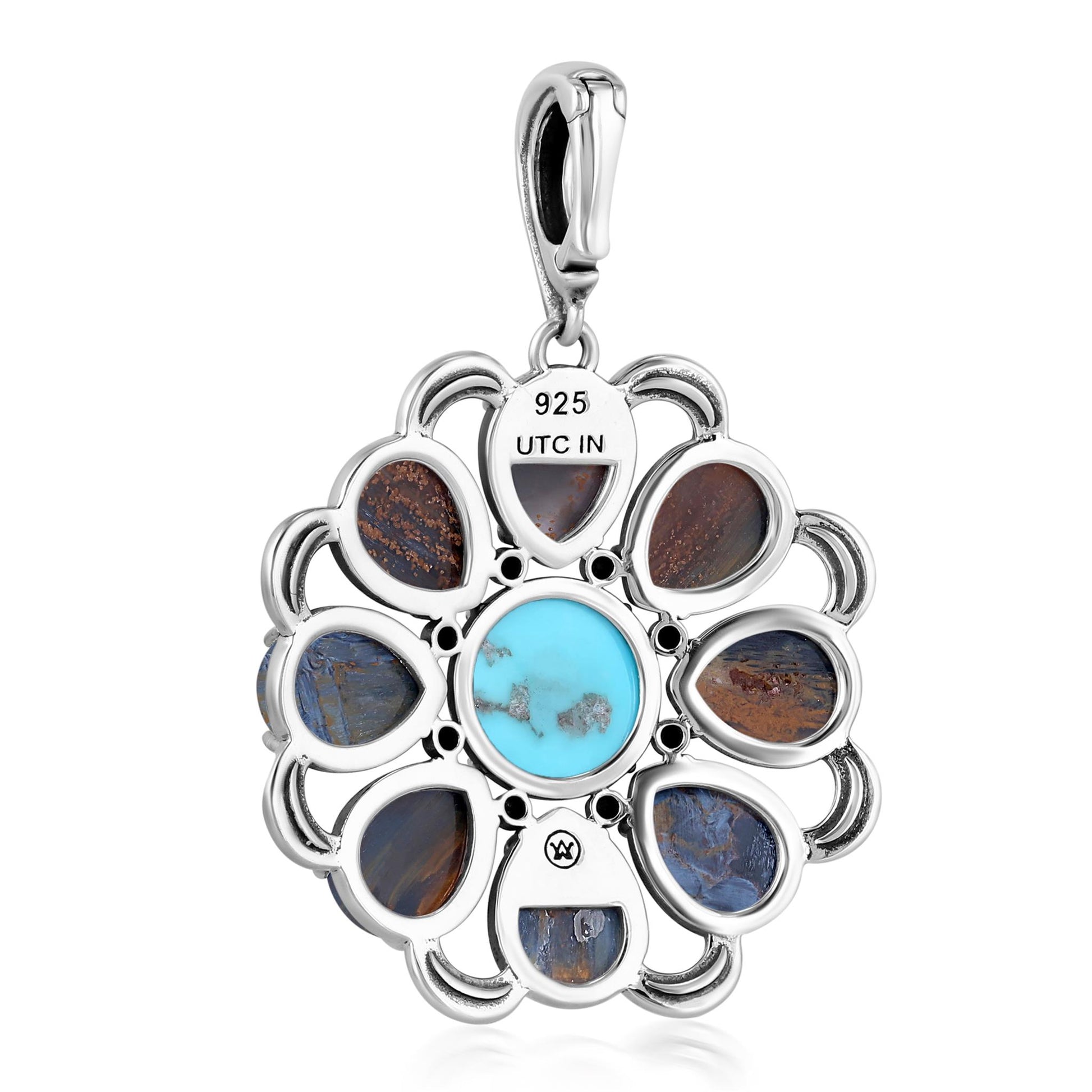 Sterling Silver Pietersite and Kingman Turquoise Pear Shape Circle Pendant Enhancer