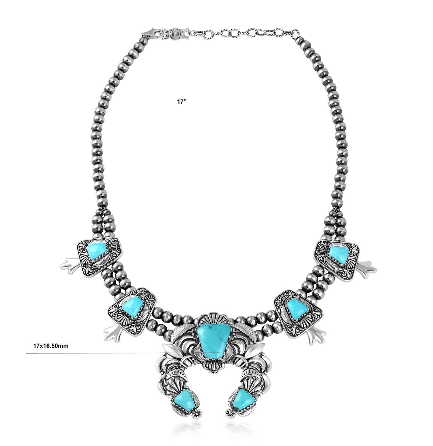 LIMITED EDITION! Sterling Silver Kingman Turquoise Trapezoid Squash Blossom Necklace