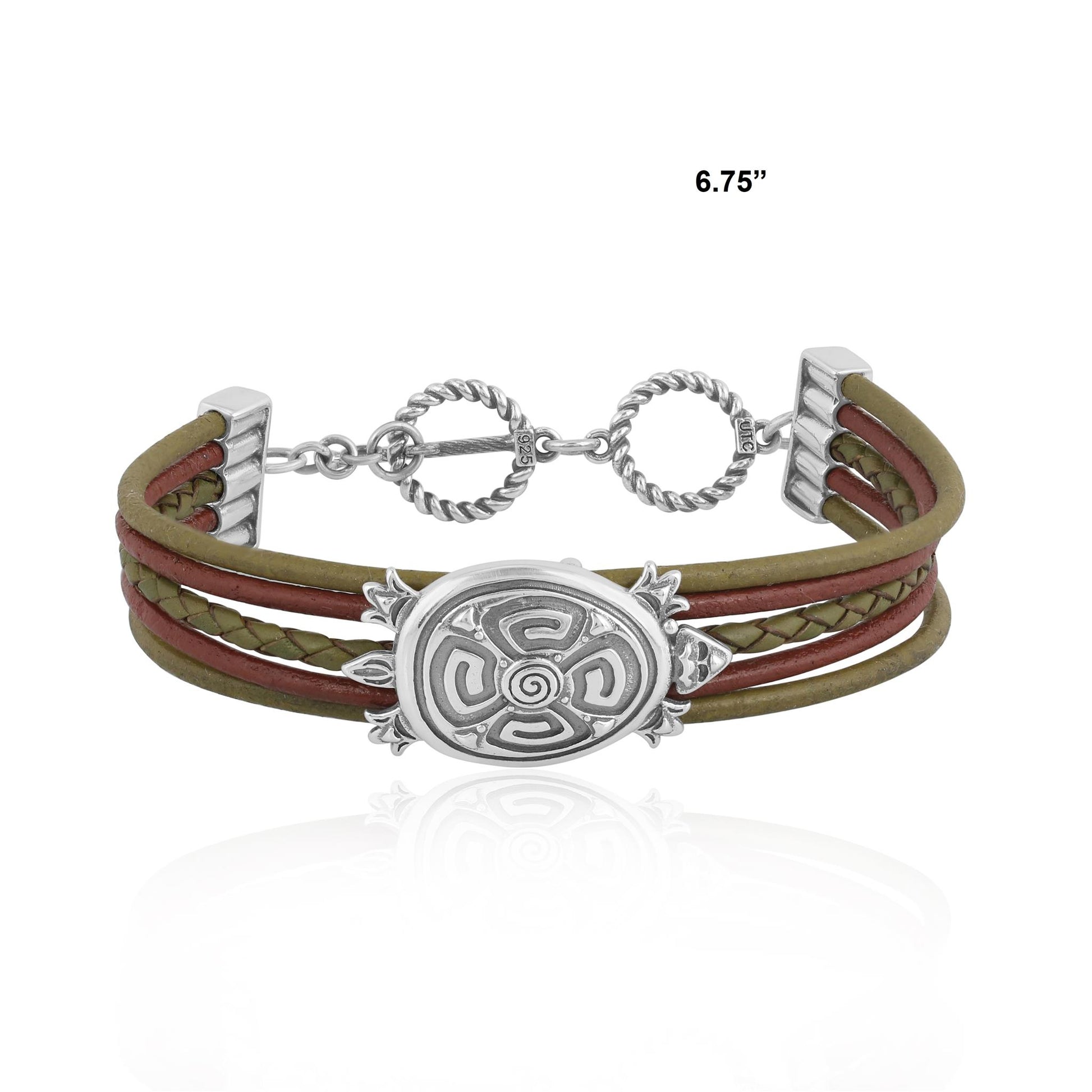Sterling Silver Turtle Design Multicolored Brown Leather Toggle Bracelet