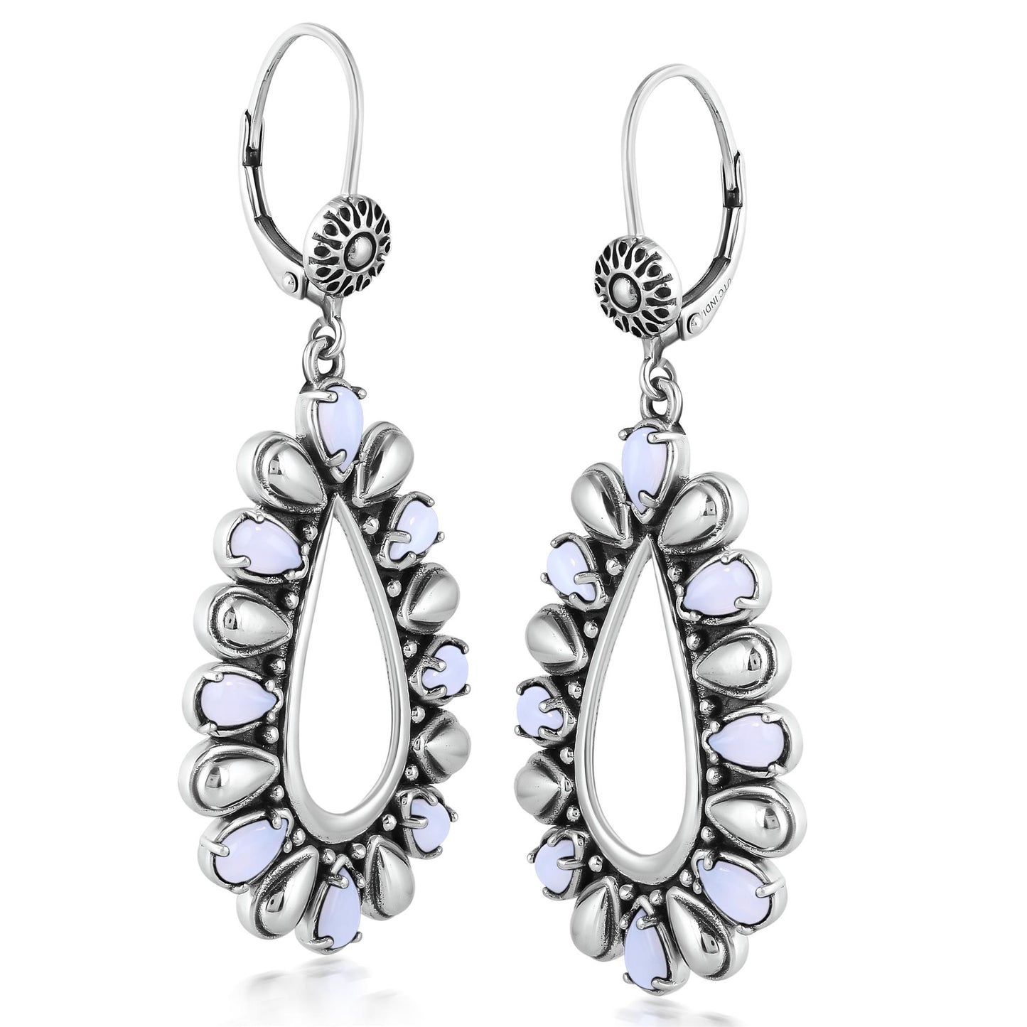 Sterling Silver Blue Lace Agate Open Teardrop Pear-Cut Dangle Earrings
