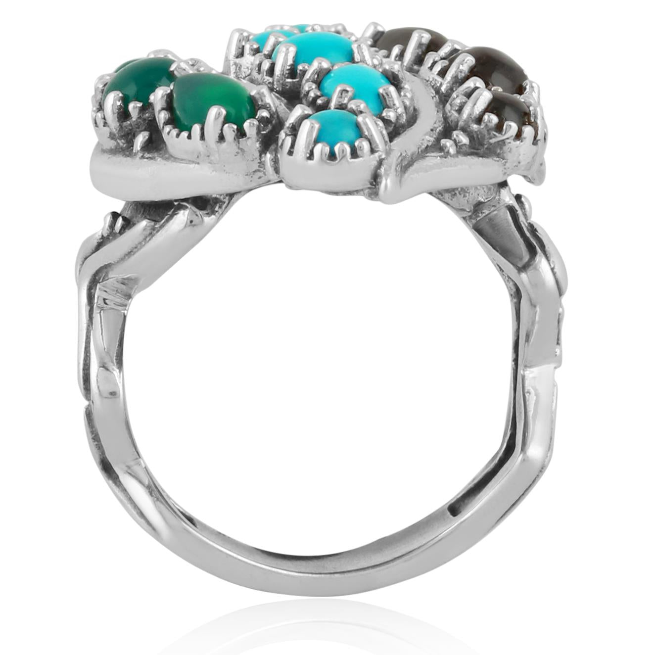 Sterling Silver Sleeping Beauty Turquoise, Green Onyx and Smoky Quartz Rio Grande Ring