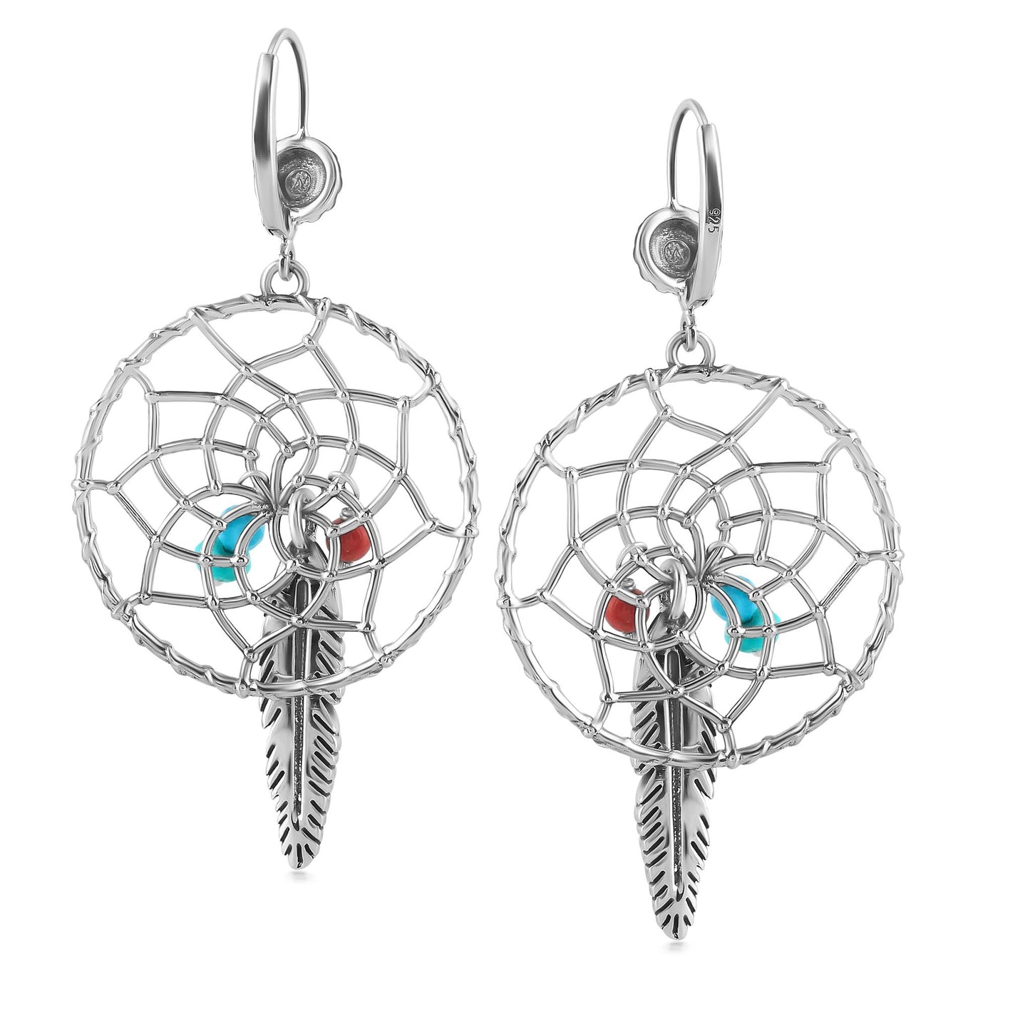 Sterling Silver Kingman Turquoise and Red Coral Dreamcatcher Feather Dangle Earrings