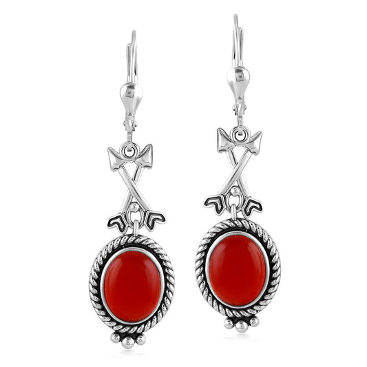 Sterling Silver Red Onyx Crossed Arrrow Drop and Dangle Earrings
