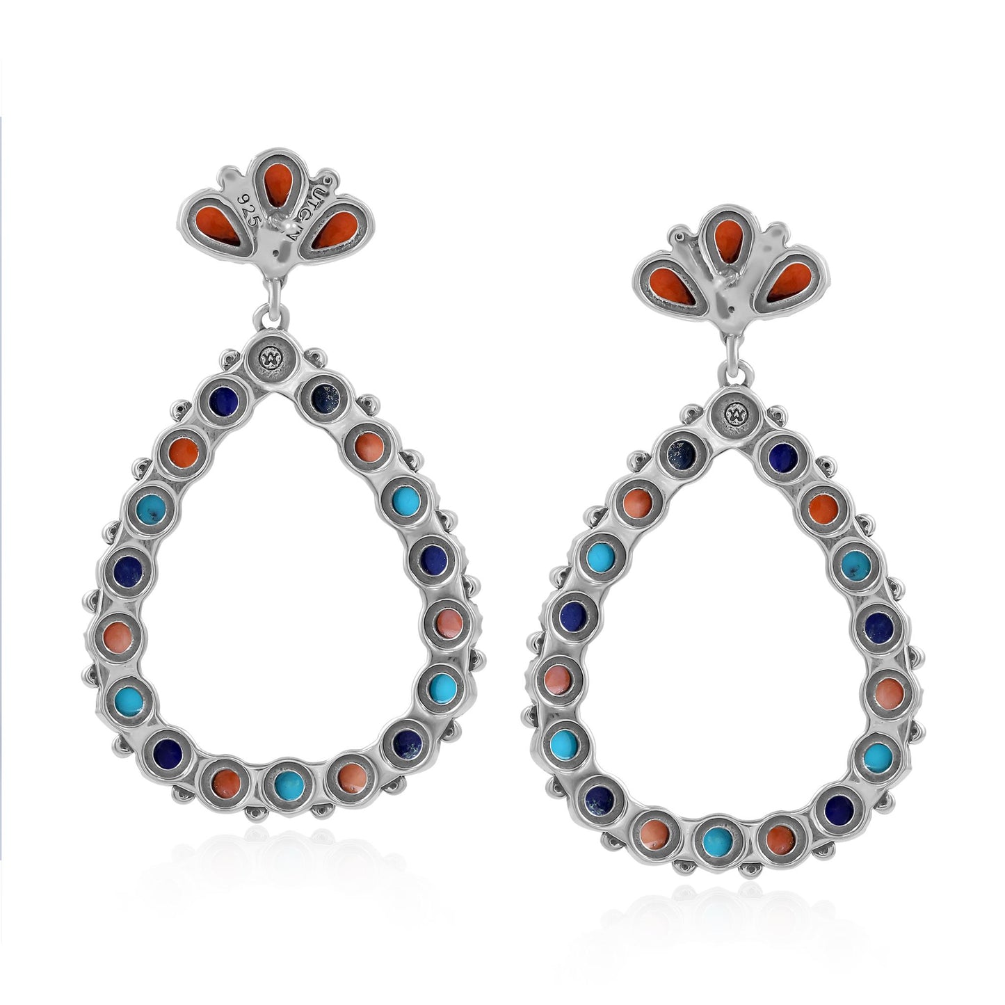 Sterling Silver Orange Spiny Oyster, Turquoise and Lapis Teardrop Post Back Earrings