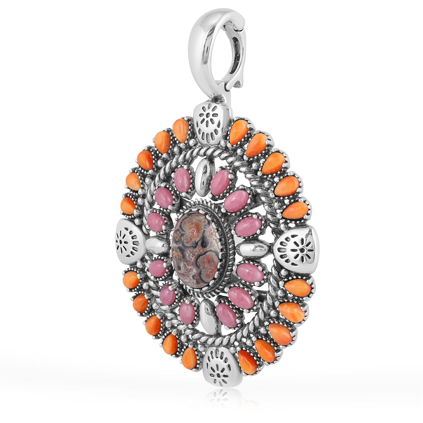 Sterling Silver Leopard Jasper, Orange Spiny Oyster and Rhodonite Oval Floral Cluster Pendant Enhancer