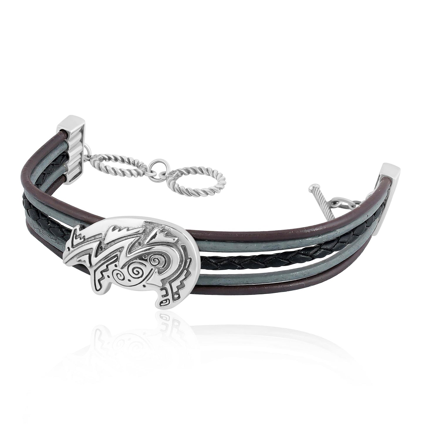 Sterling Silver Bear Design Multicolored Black Leather Toggle Bracelet
