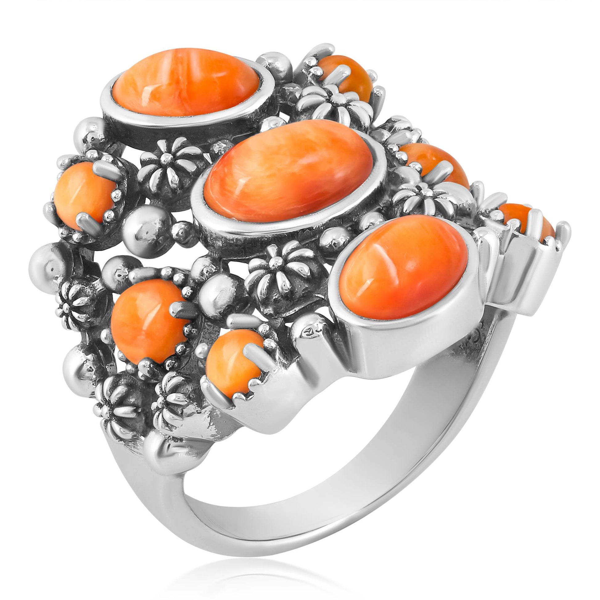 EXCLUSIVELY OURS! Sterling Silver Orange Spiny Oyster 9-Stone Cluster Ring