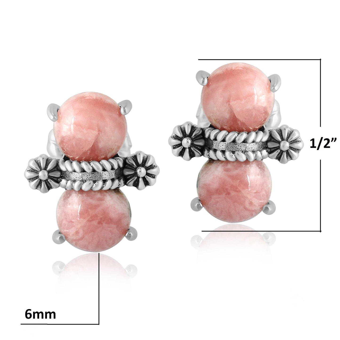 Sterling Silver Round Rhodochrosite Concha Stud Earrings