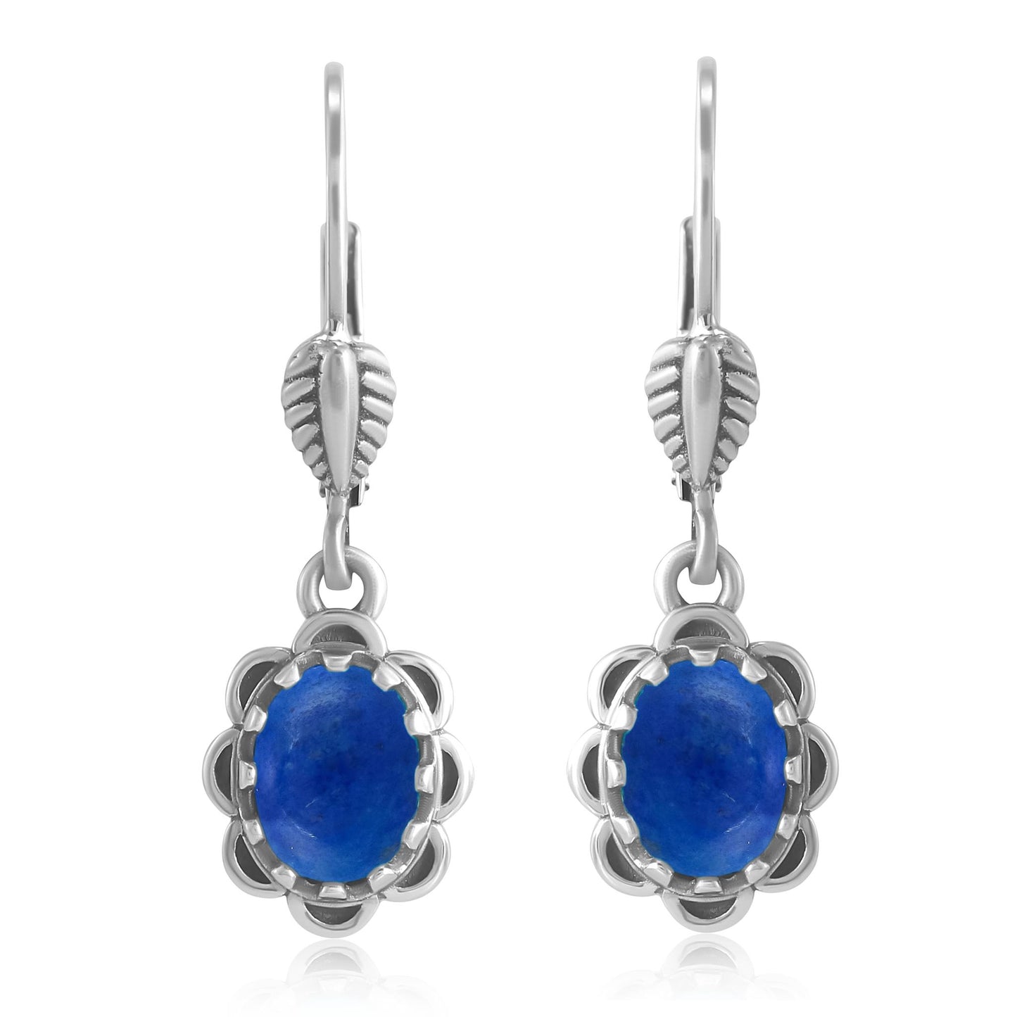 Sterling Silver Denim Lapis Concha Lever Back Dangle Earrings