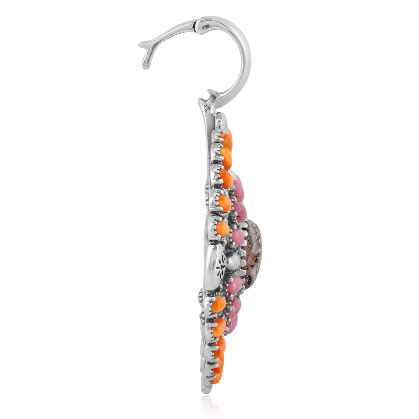 Sterling Silver Leopard Jasper, Orange Spiny Oyster and Rhodonite Oval Floral Cluster Pendant Enhancer
