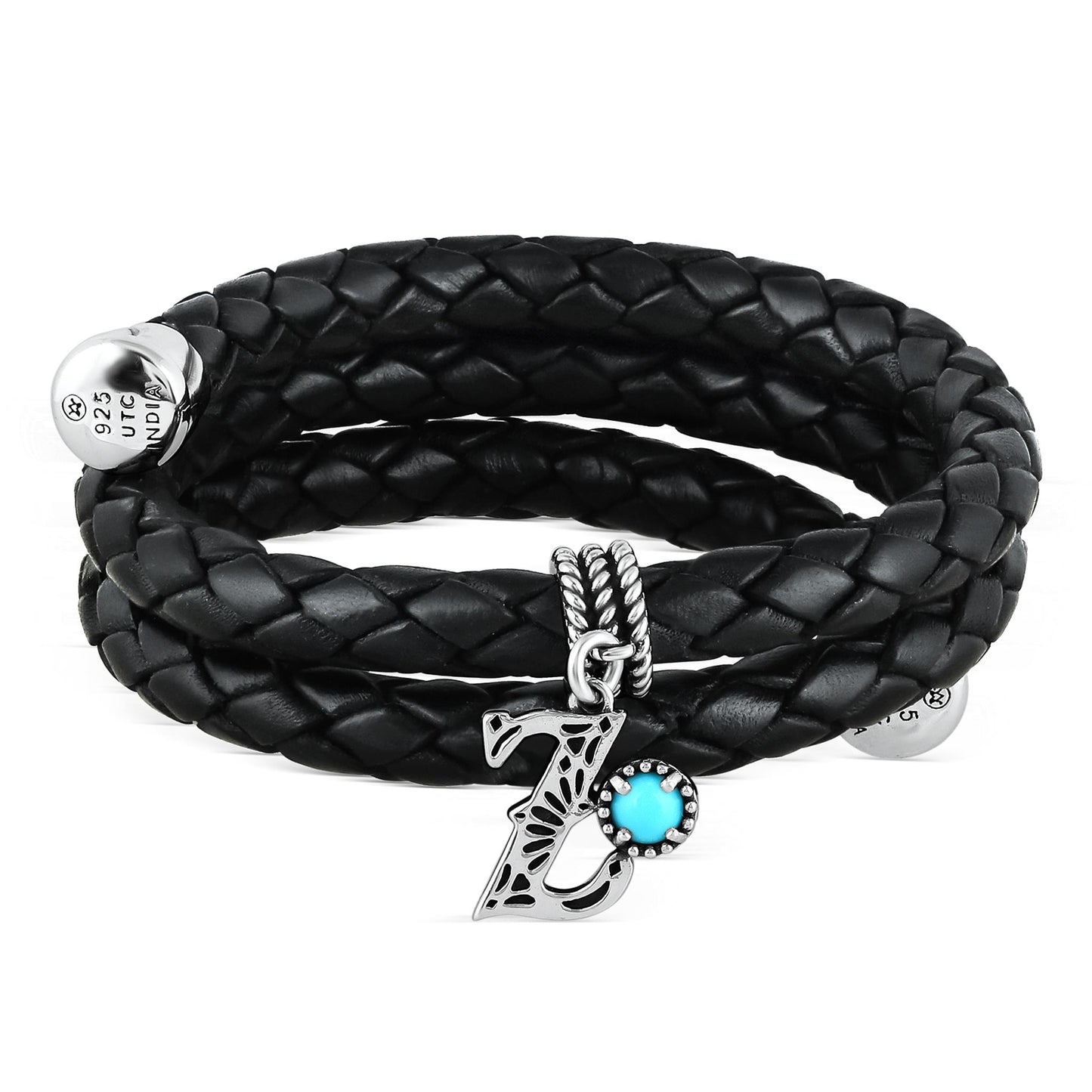 Sterling Silver Sleeping Beauty Turquoise Black Leather Initial "Z" Coil Bracelet, 16 Inches