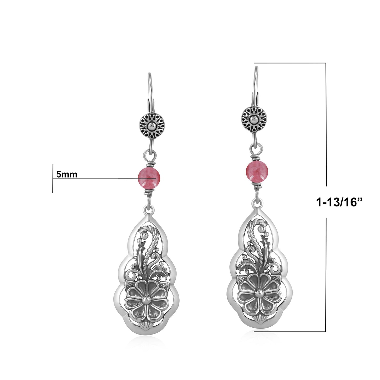 Sterling Silver Rhodonite Flower Gemstone Bead Lever Back Earrings