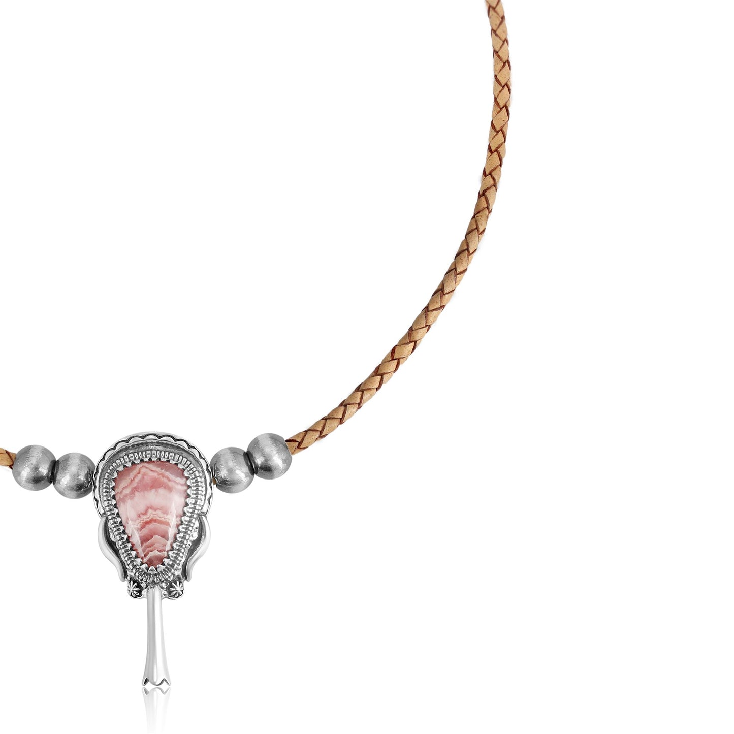 Sterling Silver Rhodochrosite Natural Leather Squash Blossom Necklace
