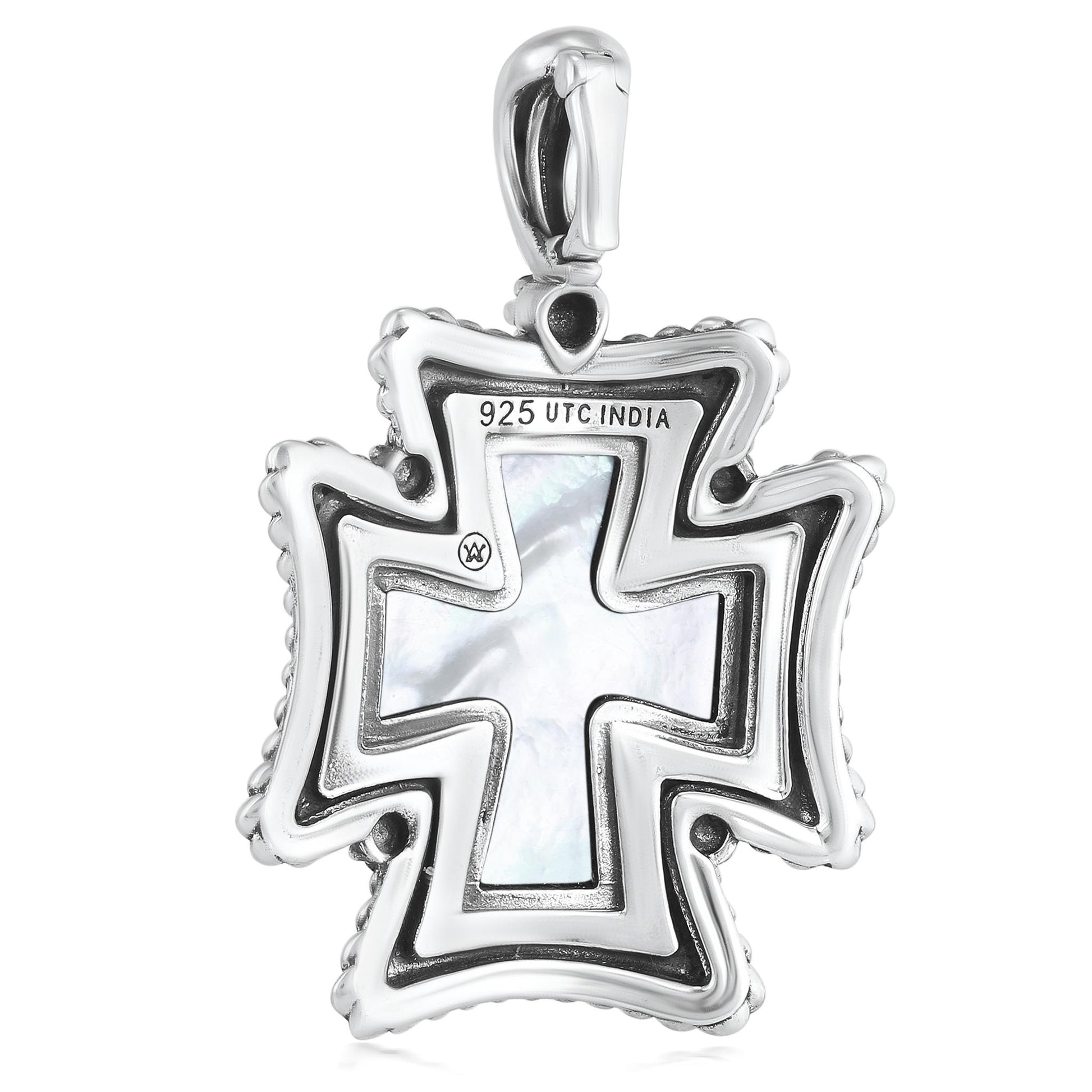 Sterling Silver White Mother of Pearl Rope Detail Cross Pendant Enhancer