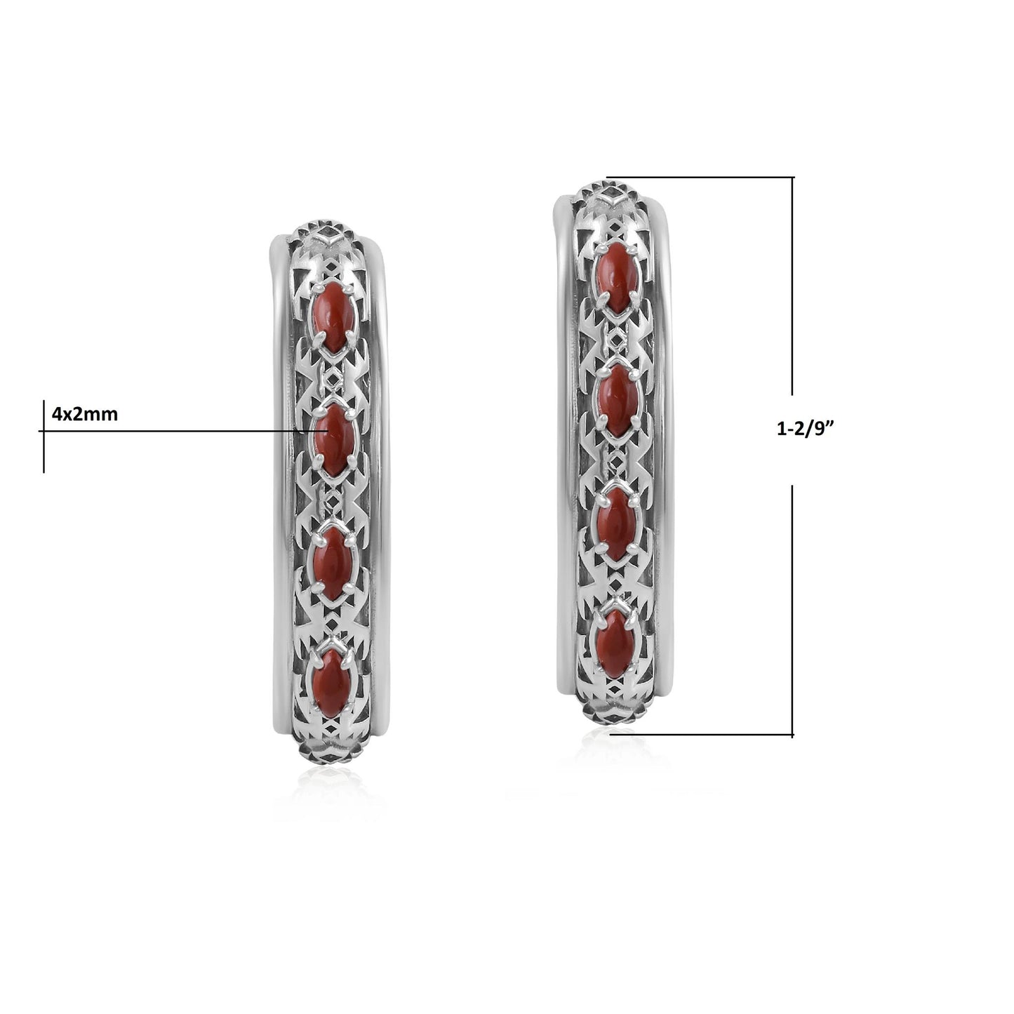 Sterling Silver Red Jasper Patterned J-Hoop 1 Inch Earrings