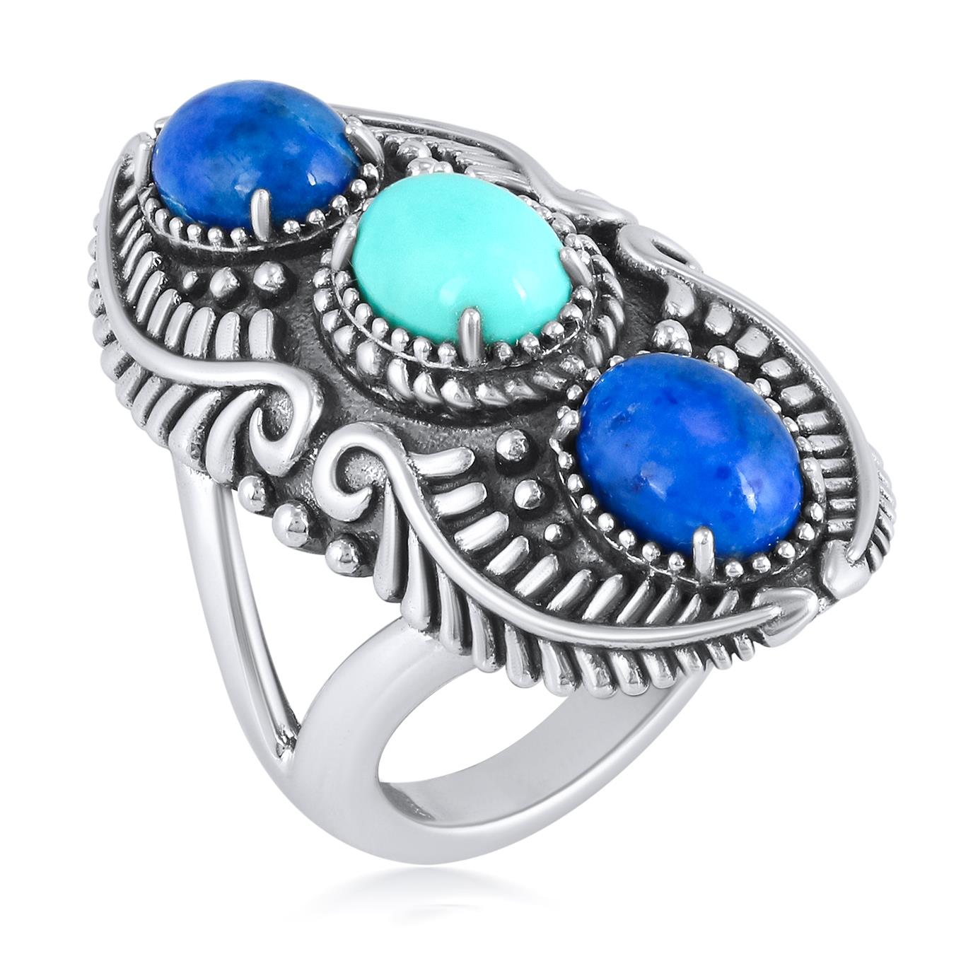 Sterling Silver Denim Lapis and Green Blue Turquoise Feather Ring