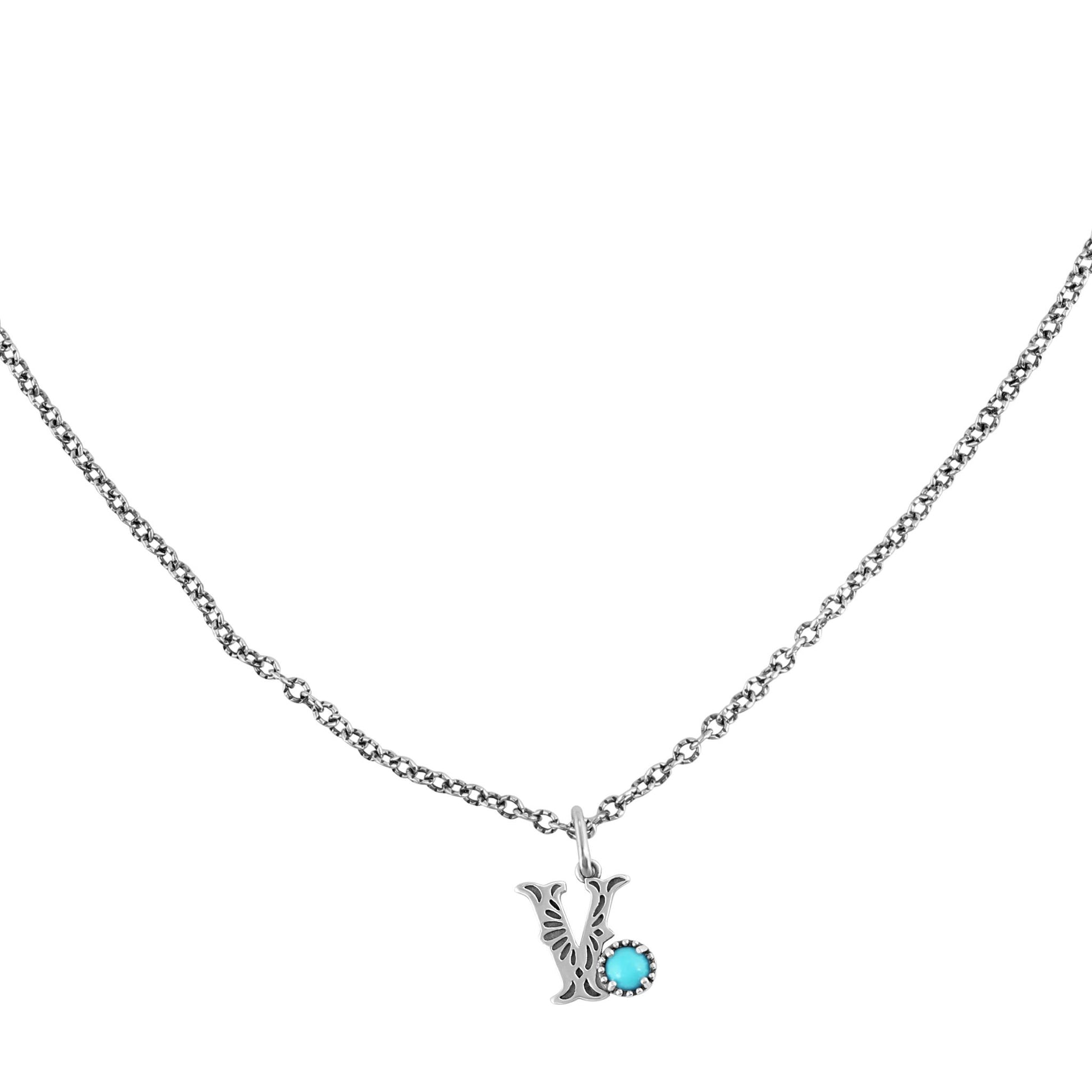 Sterling Silver Sleeping Beauty Turquoise Initial "V" Pendant and Chain Necklace, 17 to 20 Inches