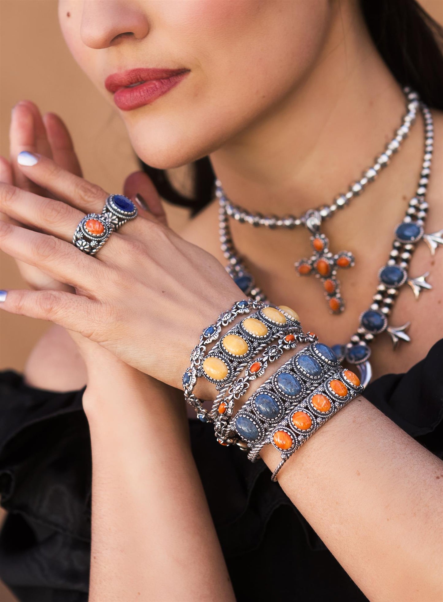 Sterling Silver Orange Spiny Oyster Santa Fe Concha Link Bracelet, Sizes Small to Large
