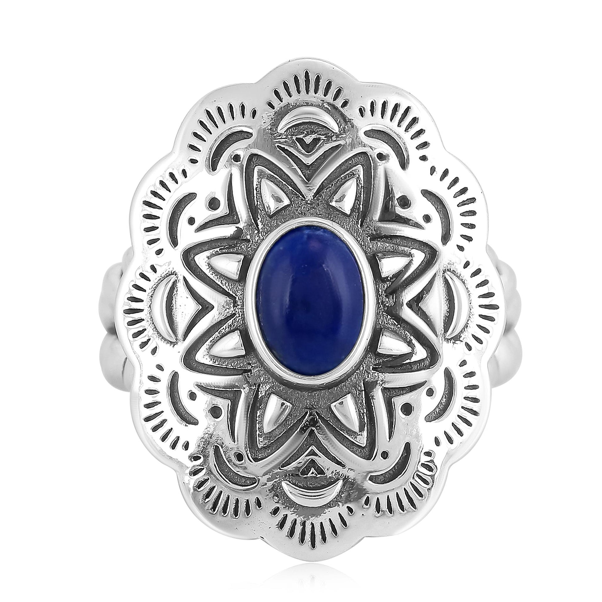 Sterling Silver Lapis Oval Gemstone Concha Ring