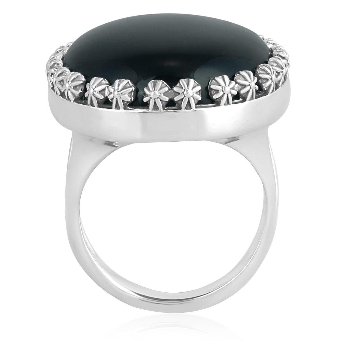 Sterling Silver Black Onyx Concha Flower Border Oval Cut Ring