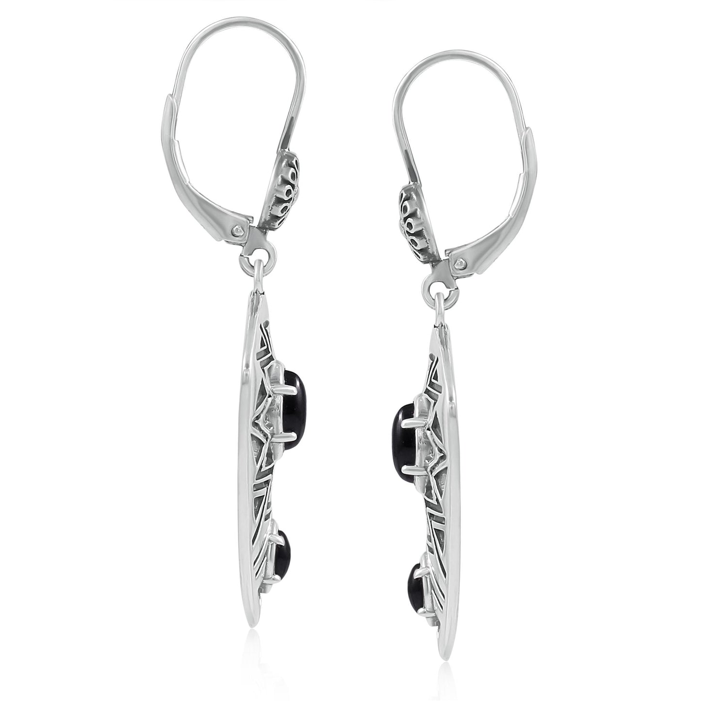 Sterling Silver Marquise Black Agate Patterned Lever Back Earrings