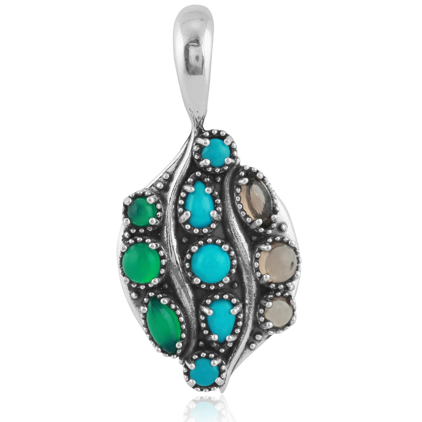 Sterling Silver Sleeping Beauty Turquoise, Green Onyx and Smoky Quartz Rio Grande Pendant Enhancer