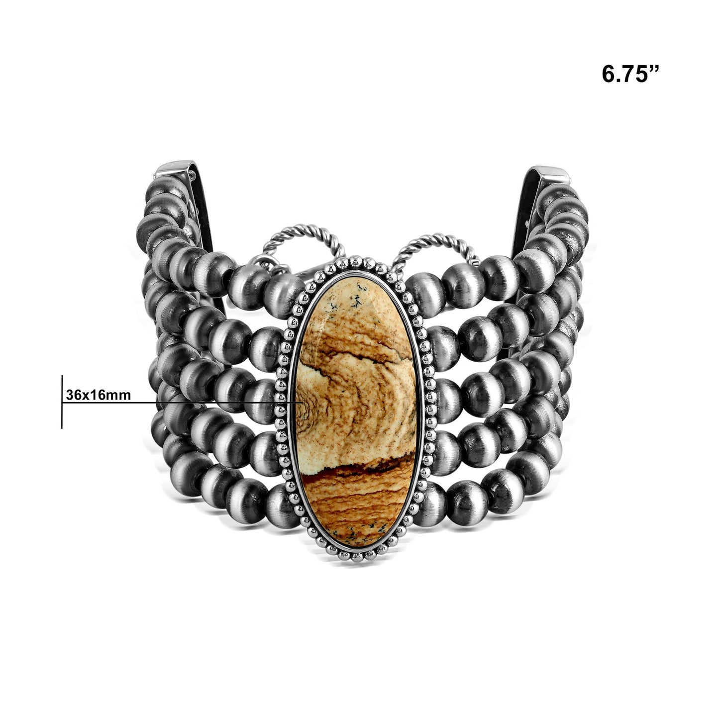 Sterling Silver Oval Picture Jasper Oval Cut Beaded Toggle Bracelet