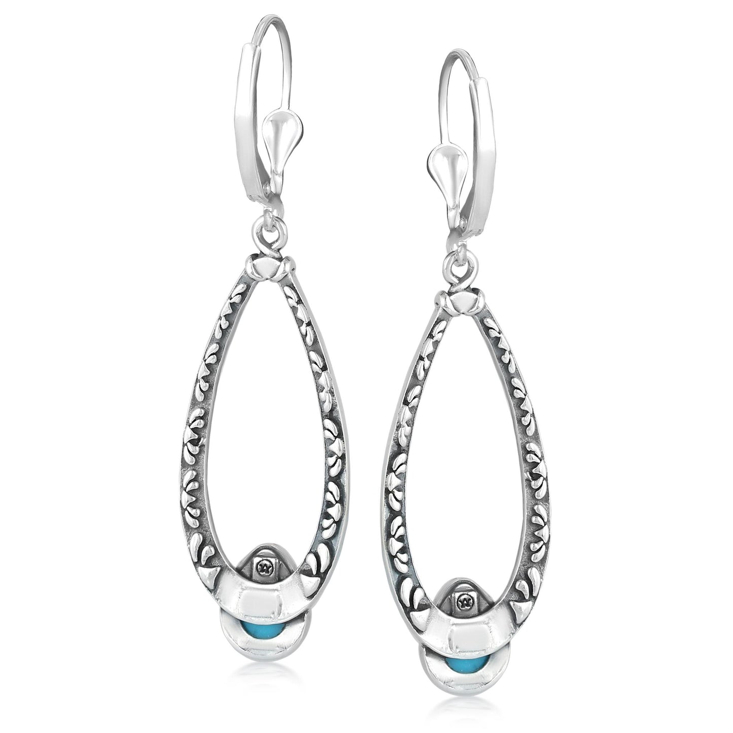 Sterling Silver Turquoise Pear-Cut Long Oval Lever Back Dangle Earrings