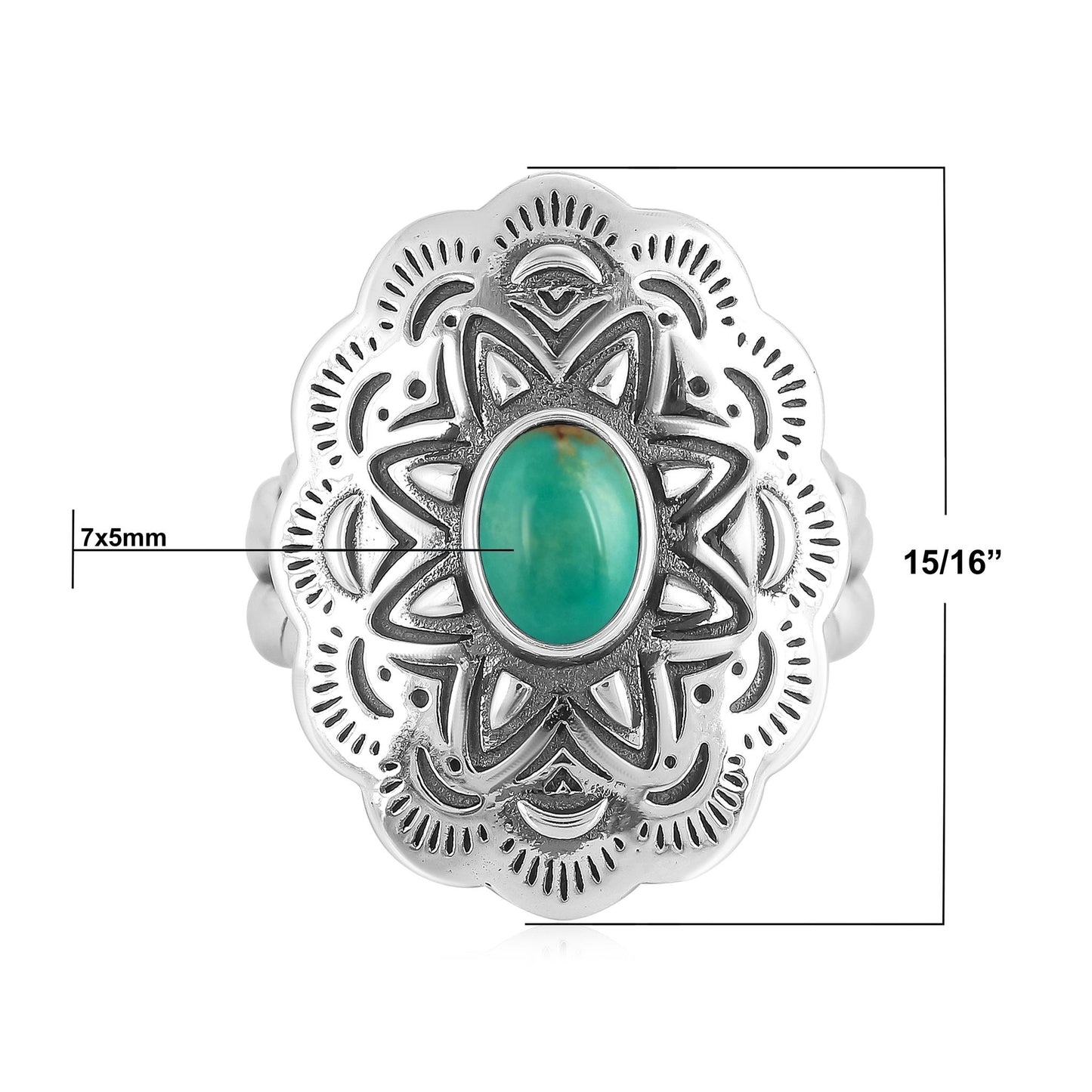Sterling Silver Blue Green Turquoise Oval Gemstone Concha Ring