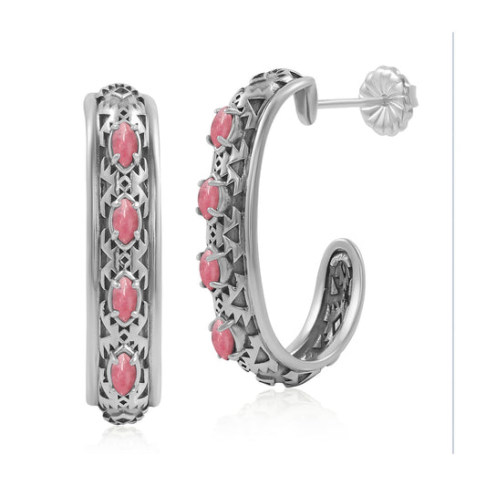 Sterling Silver Rhodonite Patterned J-Hoop 1 Inch Earrings