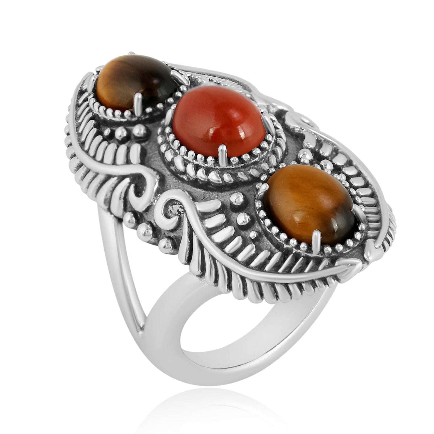 Sterling Silver Tiger's Eye and Red Jasper Feather Ring