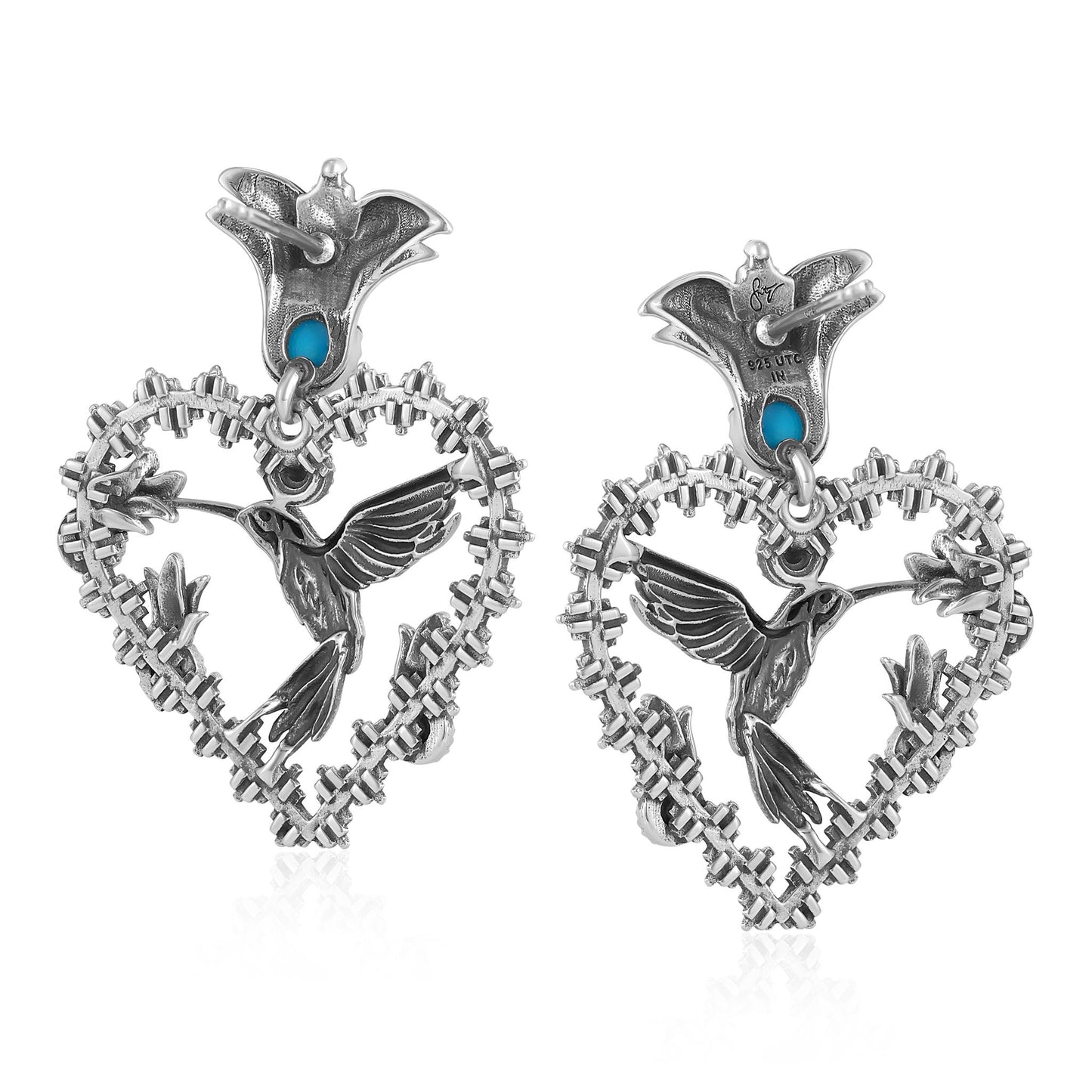Sterling Silver Sleeping Beauty Turquoise Fritz Casuse Heart Hummingbird Earrings