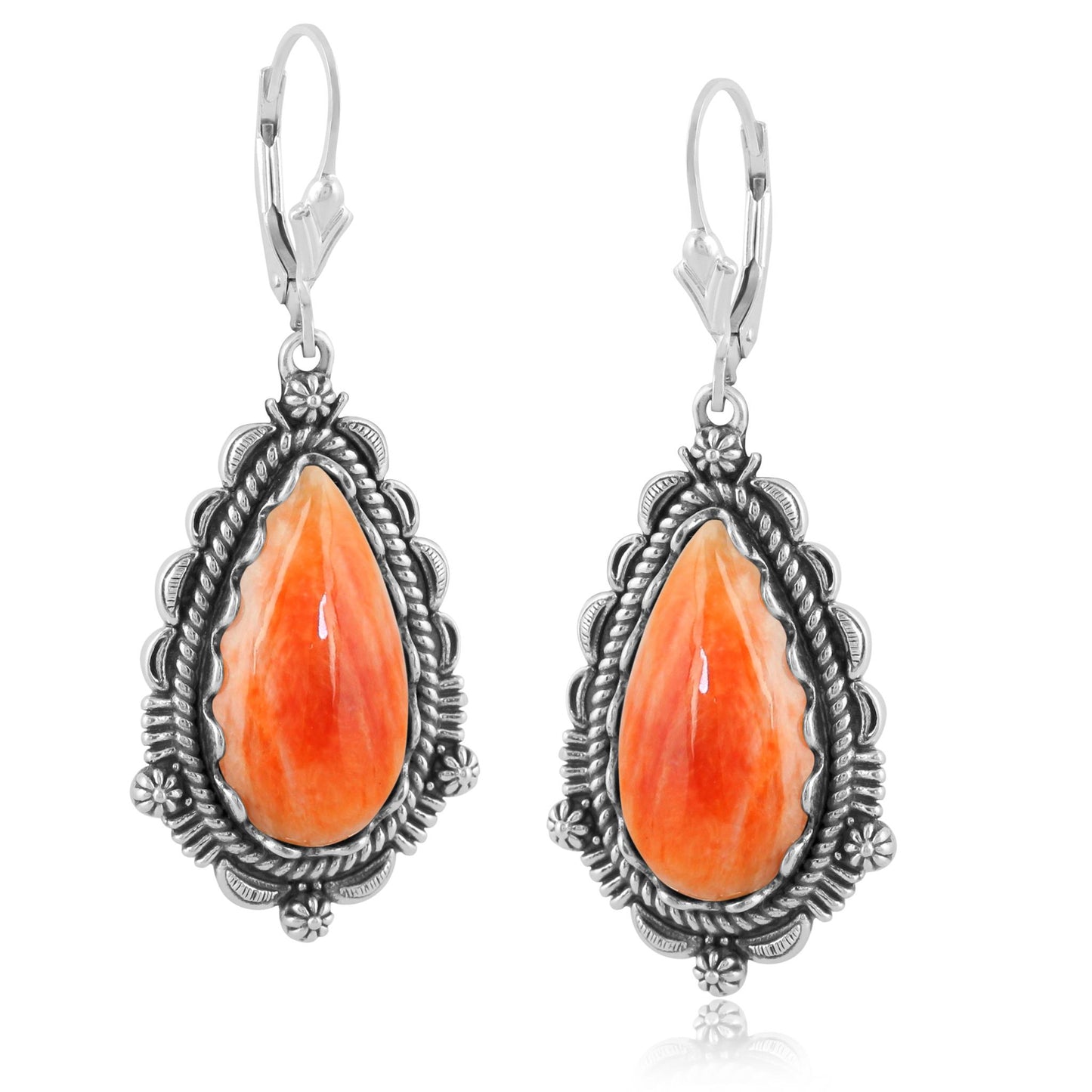 Sterling Silver Orange Spiny Oyster Gemstone Pear-Shaped Dangle Earrings